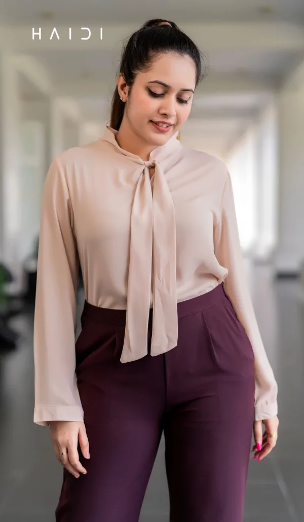 V neck blouse with long sleeve – Beige Color