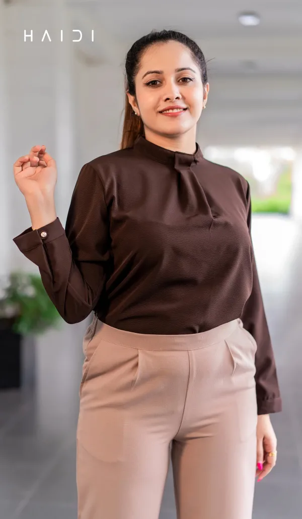 Long Sleeve Box Pleated Neck Shirt Blouse – Dark Brown