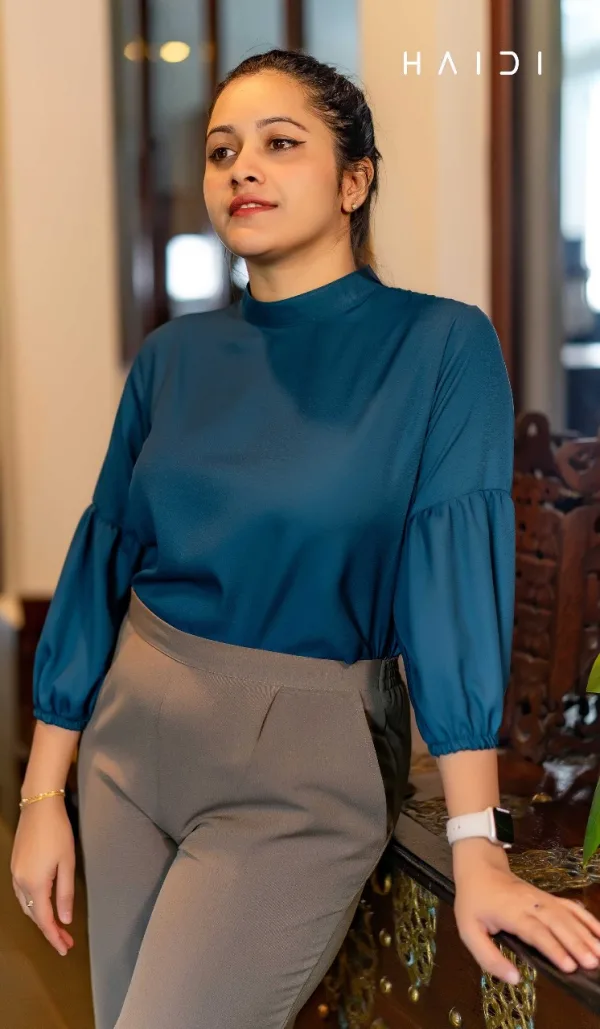 Three Quarter Sleeve Blouse - Round Pleated Neck  - Peacock Blue