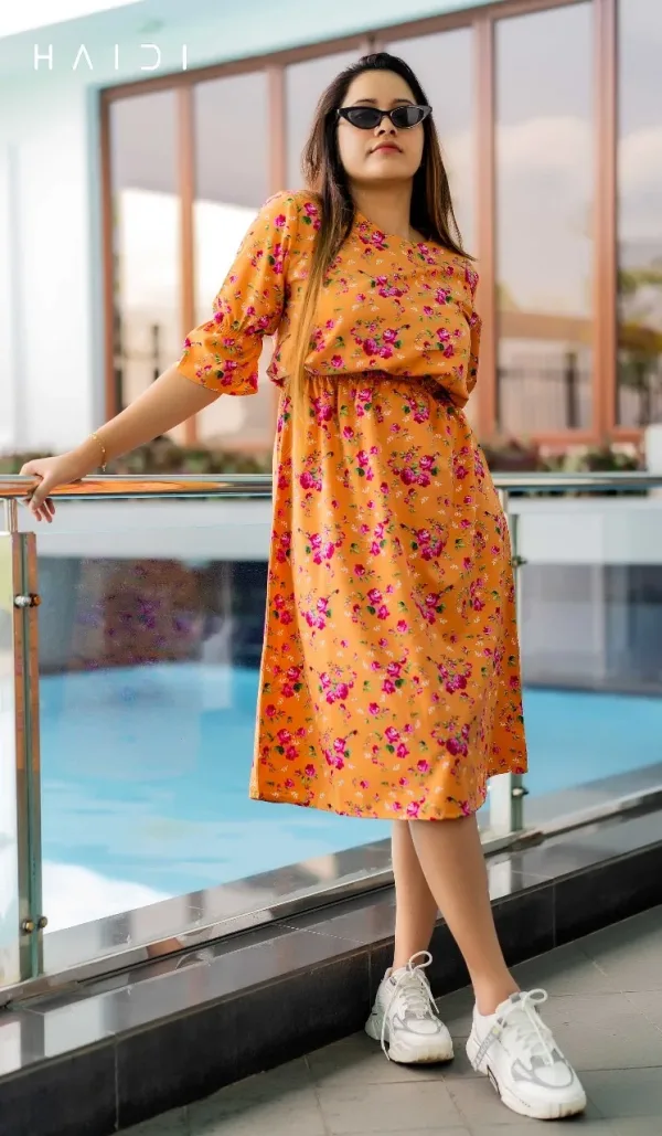 Baggi Dress - Orange Floral Print - Midi Dress