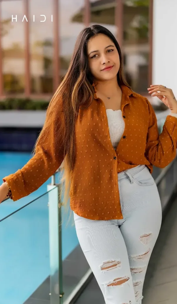 Long Sleeve Shirt Blouse With Swiss Dot – Brown