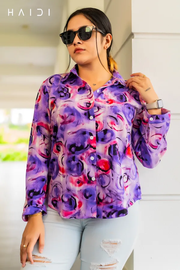 Long Sleeve Shirt Blouse – Purple Mix Print