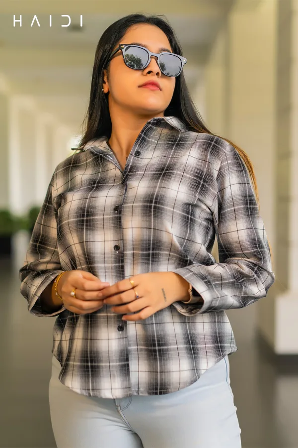 Long Sleeve Shirt Blouse – Black and Ash Check Shirt Blouse
