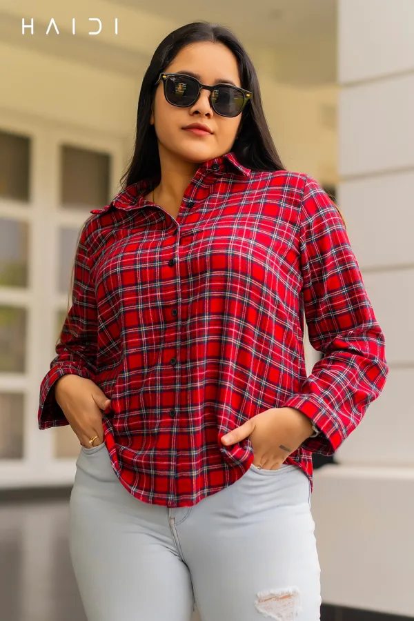Long Sleeve Shirt Blouse – Red and Black Check