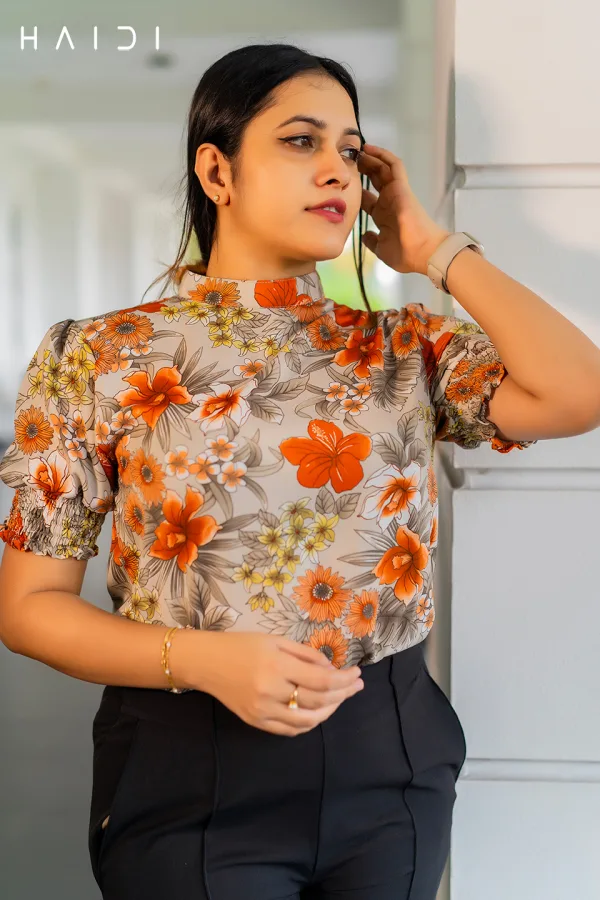 Office-Wear Ruching Sleeve High Neck Blouse – Floral Print