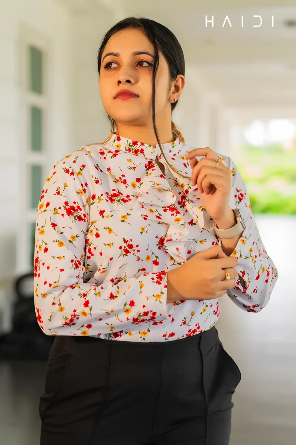 Long Sleeve Blouse – Raffle High Neck Frill Floral Print