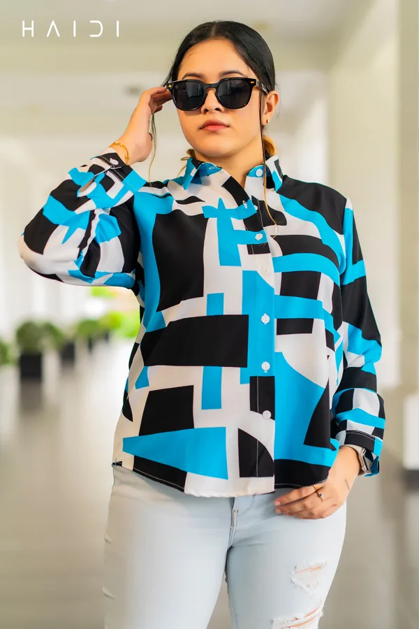 Long Sleeve Shirt Blouse – Sky Blue Mix