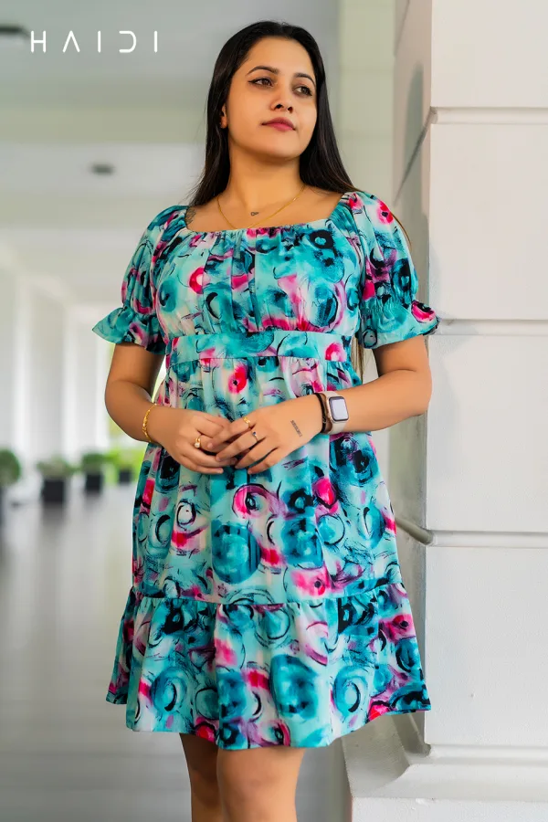 Square Neck Front Gather Short Sleeve Short Dress