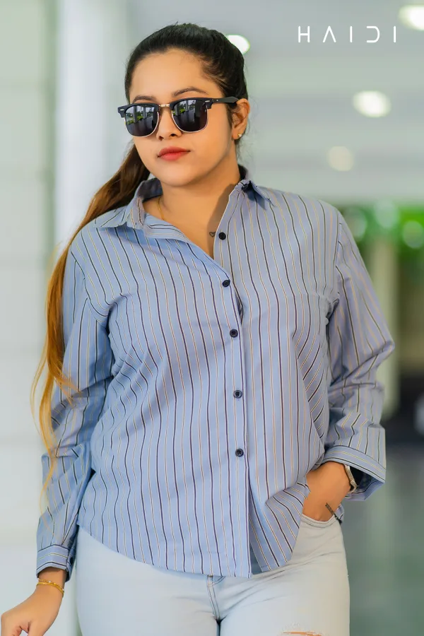 Long Sleeve Shirt Blouse – Light Blue Background Black Stripe Blouse