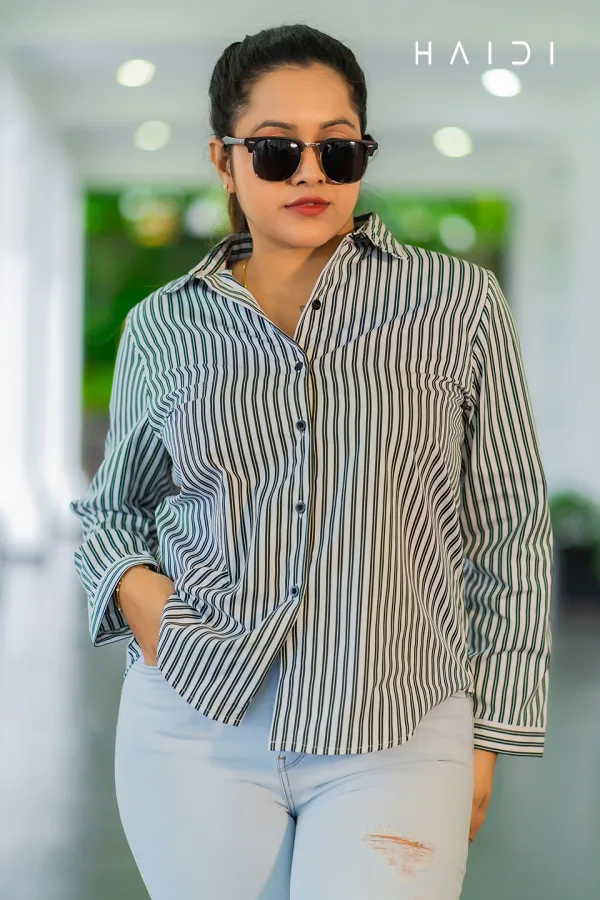 Long Sleeve Shirt Blouse – White Background Black Stripe Blouse