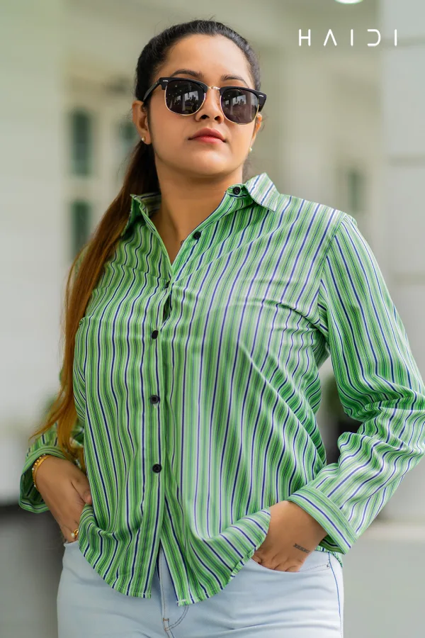 Long Sleeve Shirt Blouse – White Background Green Stripe Blouse