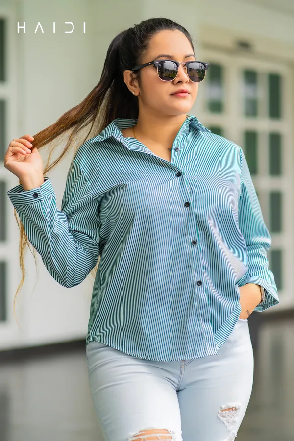 Long Sleeve Shirt Blouse – White Background Green Stripe Blouse