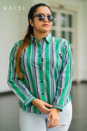 Long Sleeve Shirt Blouse – White Background Wide Green Stripe Blouse