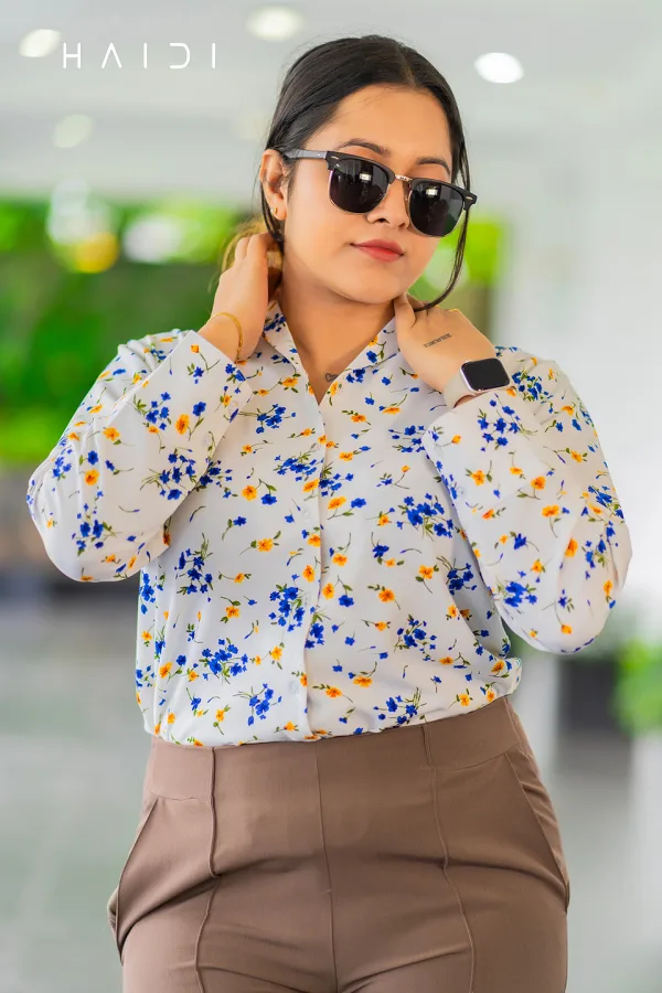 Long Sleeve Blouse With Front button - Floral Print