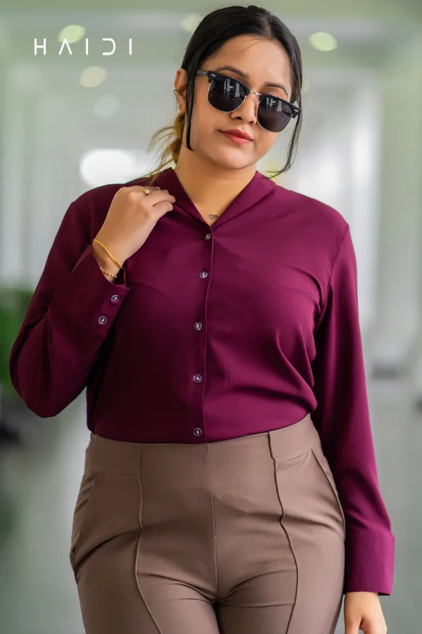 Long Sleeve Blouse With Front button - Maroon Color