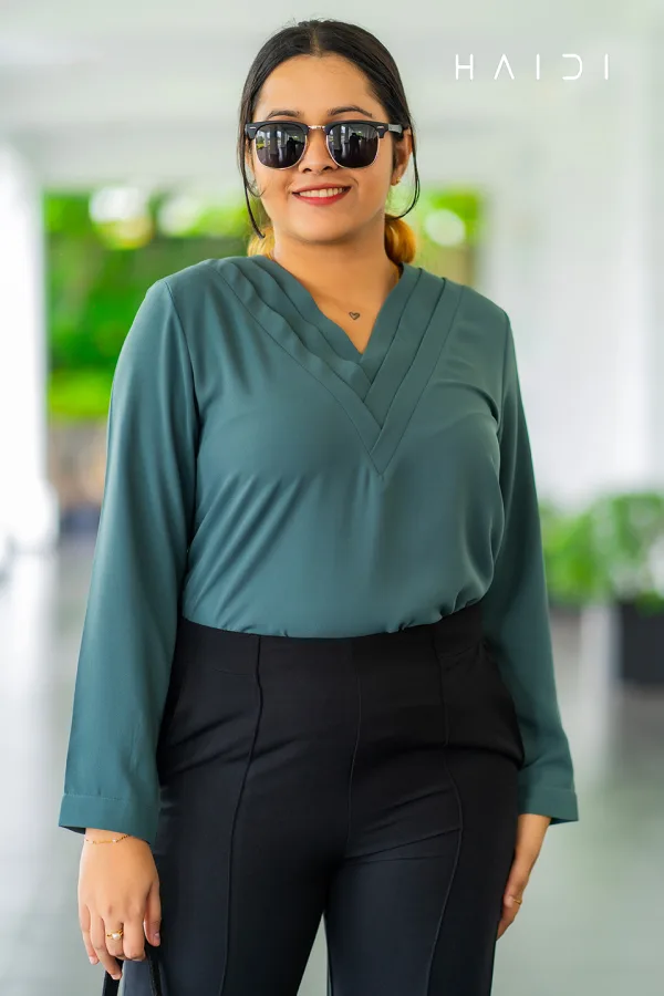 Long Sleeve Blouse With Pleated V Neck - Green Color