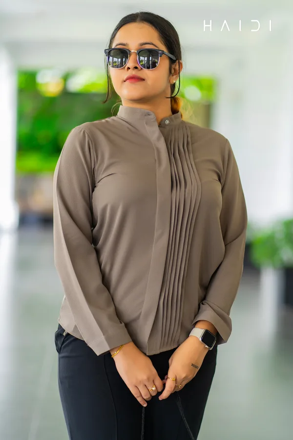 Long Sleeve Blouse With Pleated Front - Kaki Green Color