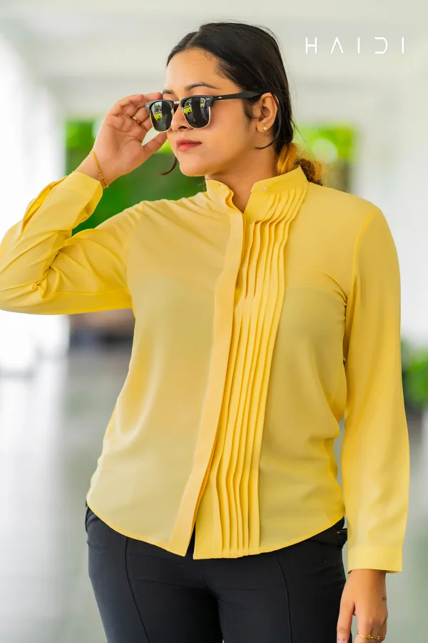 Long Sleeve Blouse With Pleated Front - Yellow Color