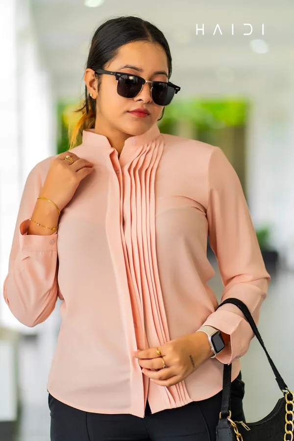 Long Sleeve Blouse With Pleated Front - Light Beige Color