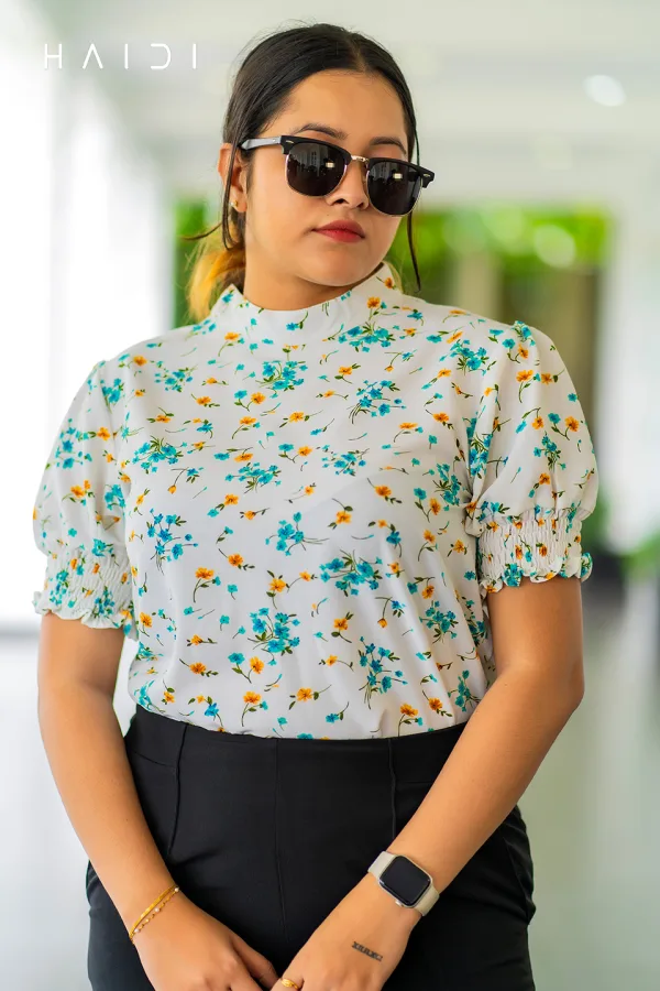 Office-Wear Ruching Sleeve High Neck Blouse – Floral Print