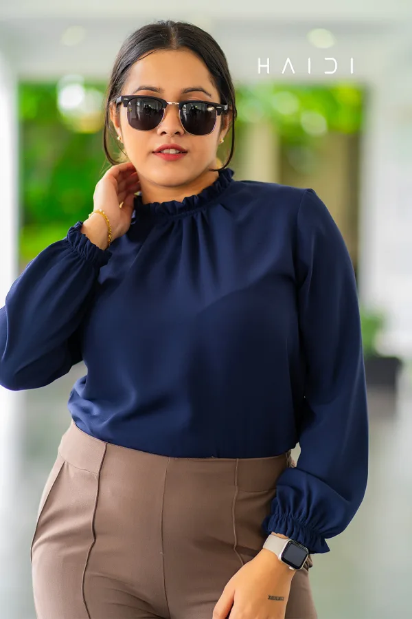 Long Sleeve Blouse With Raffle Pleated High Neck - Navy Blue