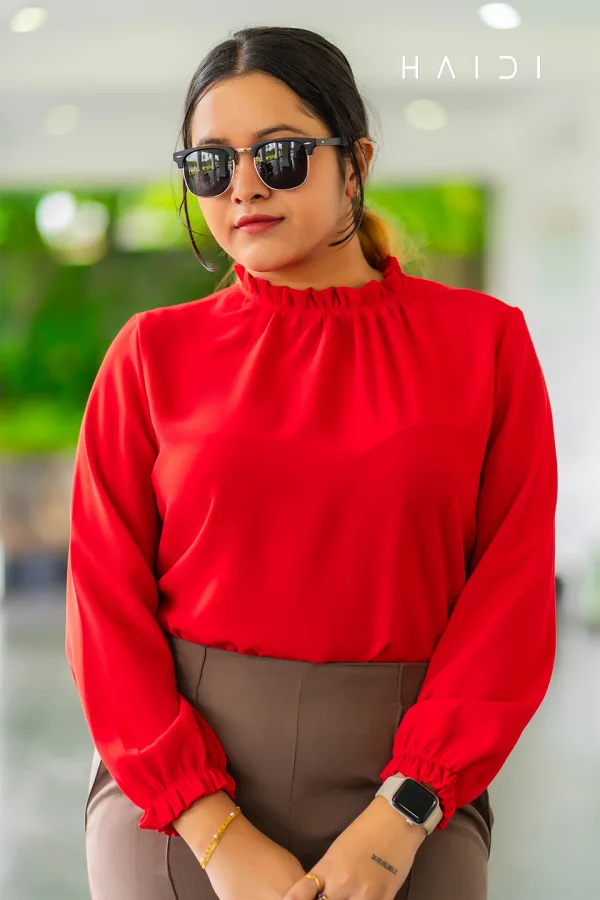 Long Sleeve Blouse With Raffle Pleated High Neck - Red