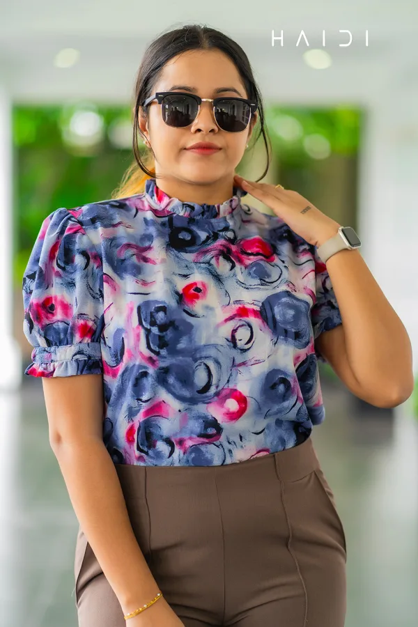 Office-Wear Short Sleeve High Neck Blouse - Geo Print - Purple Background
