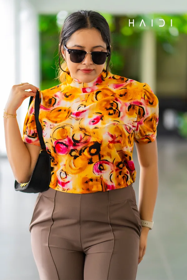 Office-Wear Short Sleeve High Neck Blouse - Geo Print - Dark Orange Background