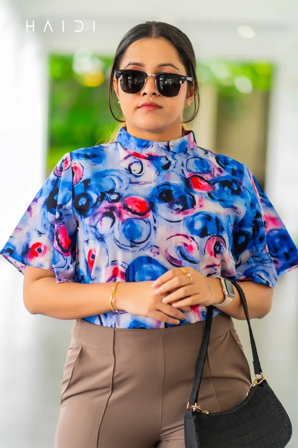 Office-Wear Cowl Sleeve High Neck Blouse - Geo Print - Dark Purple Background