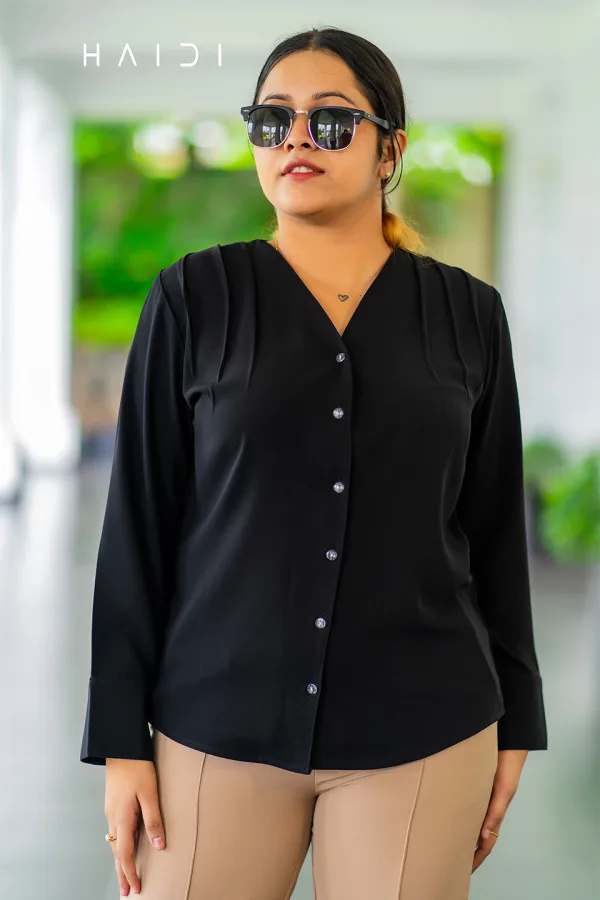 Long Sleeve Blouse With Shoulder Pleated Front - Black
