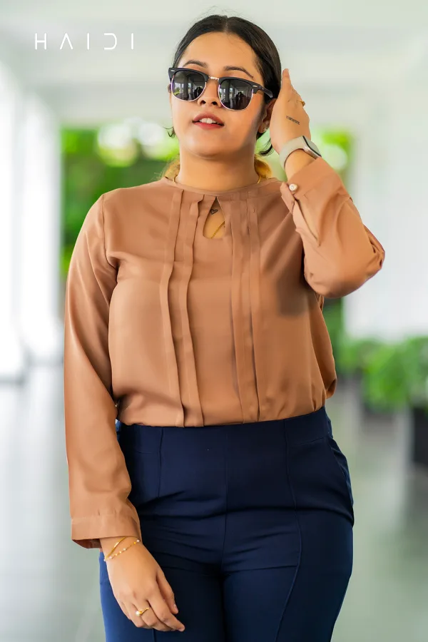 Long Sleeve Front Pleated Blouse - Light Beige Color