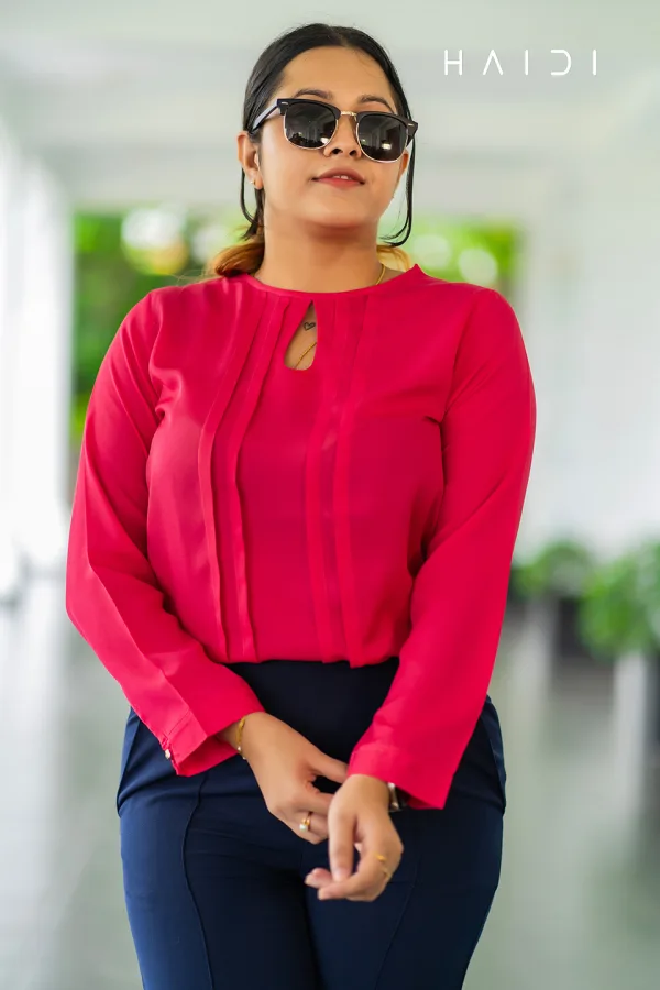 Long Sleeve Front Pleated Blouse - Pink Color