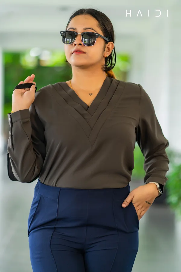 Long Sleeve Blouse With Pleated V Neck - Ash Color