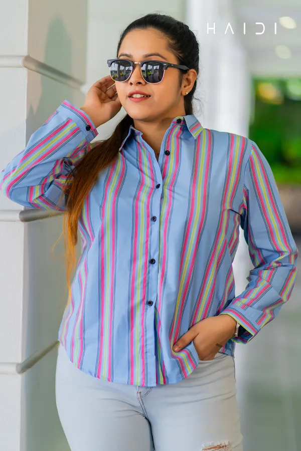 Long Sleeve Shirt Blouse – Sky Blue Background Pink Stripe Blouse