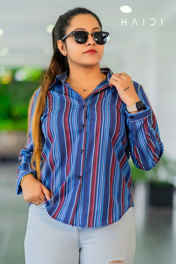 Long Sleeve Shirt Blouse – Dark Blue Background Maroon Stripe Blouse