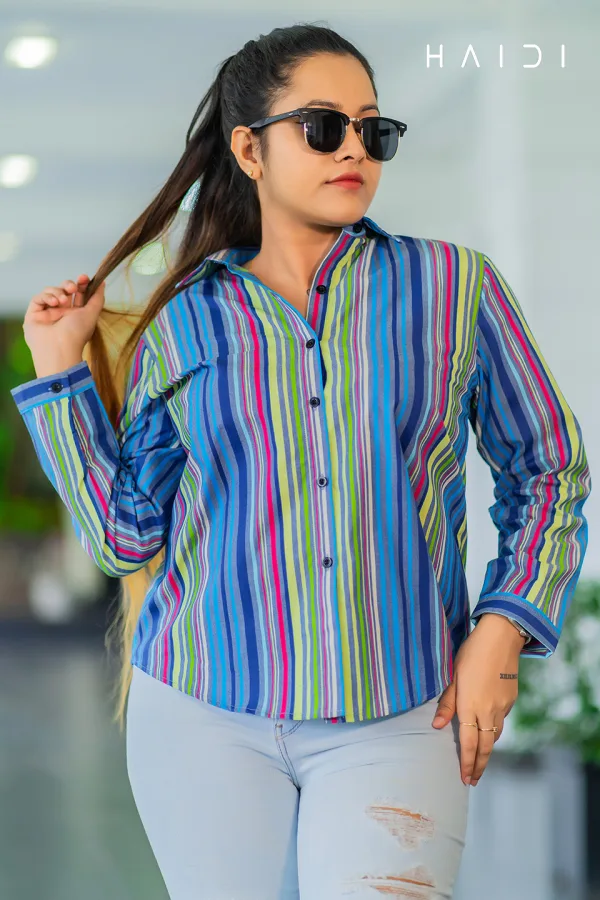 Long Sleeve Shirt Blouse – Blue Background Green Stripe Blouse