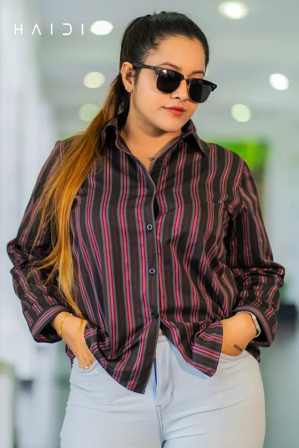 Long Sleeve Shirt Blouse – Black Background Brown Stripe Blouse