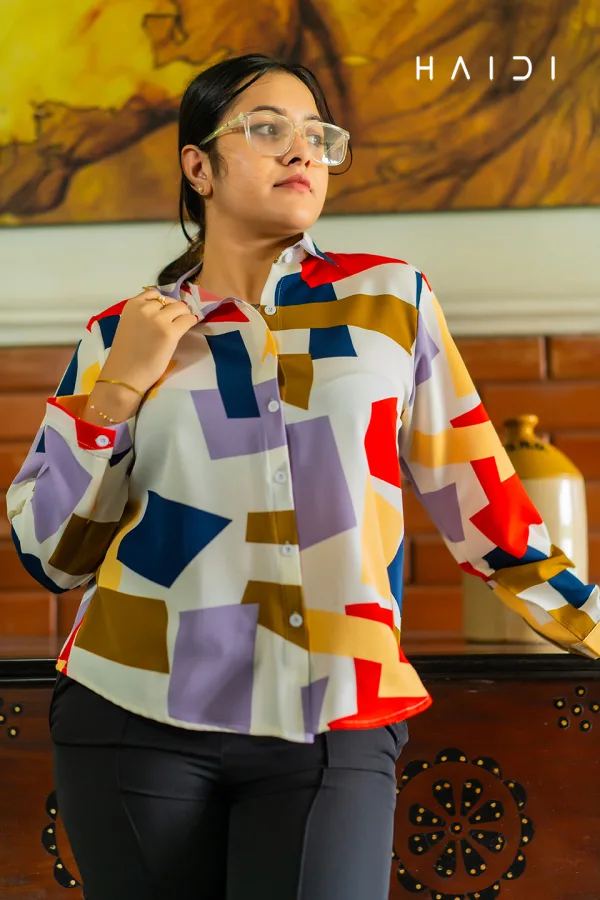 Long Sleeve Shirt Blouse - Geo Print - Blue Square