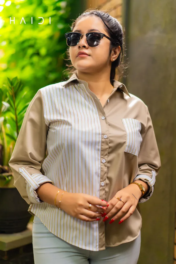 Stripe Long Sleeve Blouse - Color Blocking Brown Stripe Shirt Blouse