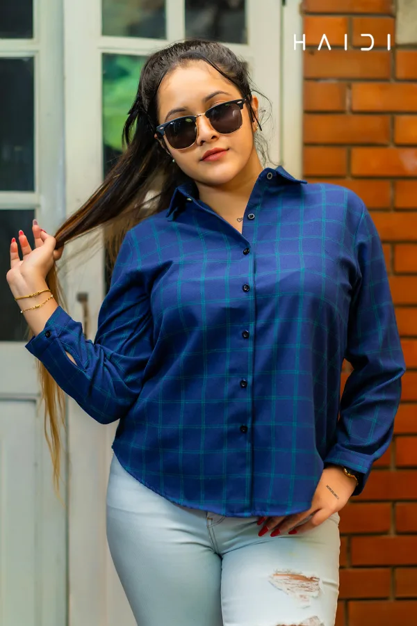 Long Sleeve Shirt Blouse – Peacock Blue - Green Check