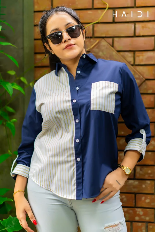 Stripe Long Sleeve Blouse - Color Blocking Blue Stripe Shirt Blouse