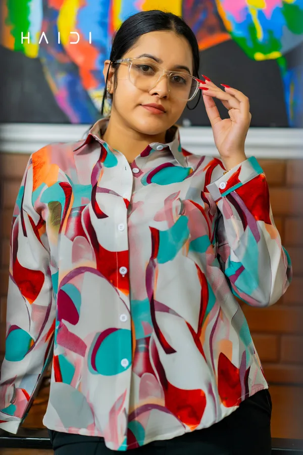 Long Sleeve Shirt Blouse - Geo Print - Red Orange Green