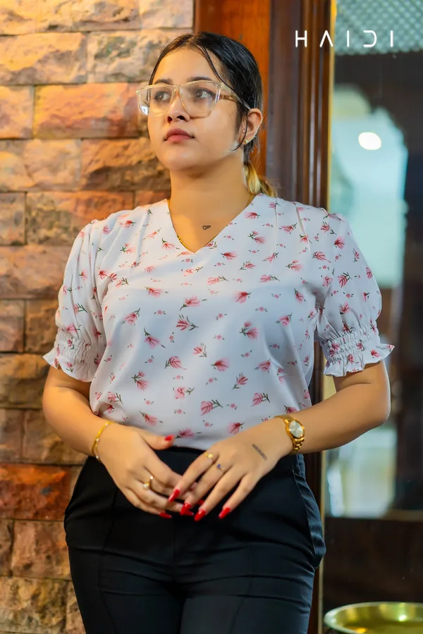 Office-Wear Ruching Sleeve V Neck Blouse – Floral Print - White Background