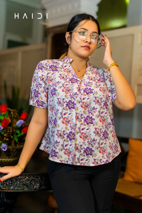 Office-Wear Short Sleeve V Neck Blouse With Sleeve Tab - Purple Print