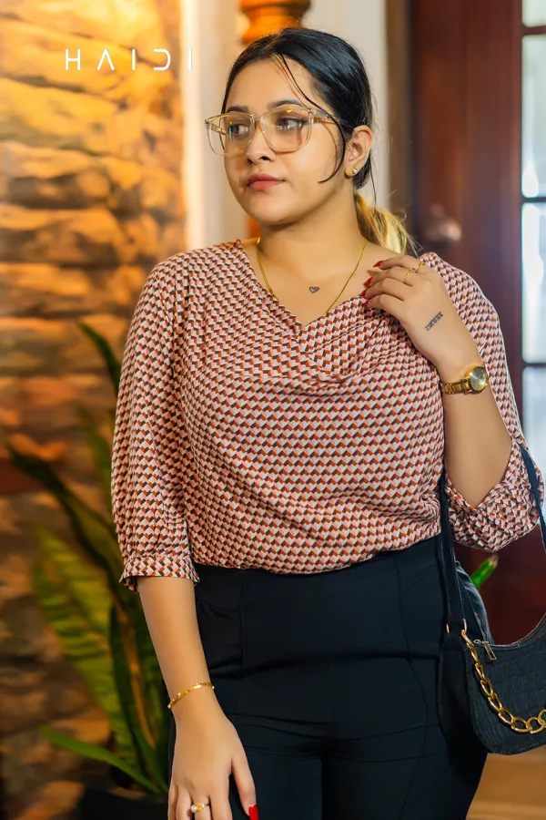 Three quarter sleeve cowl neck blouse - Geo print