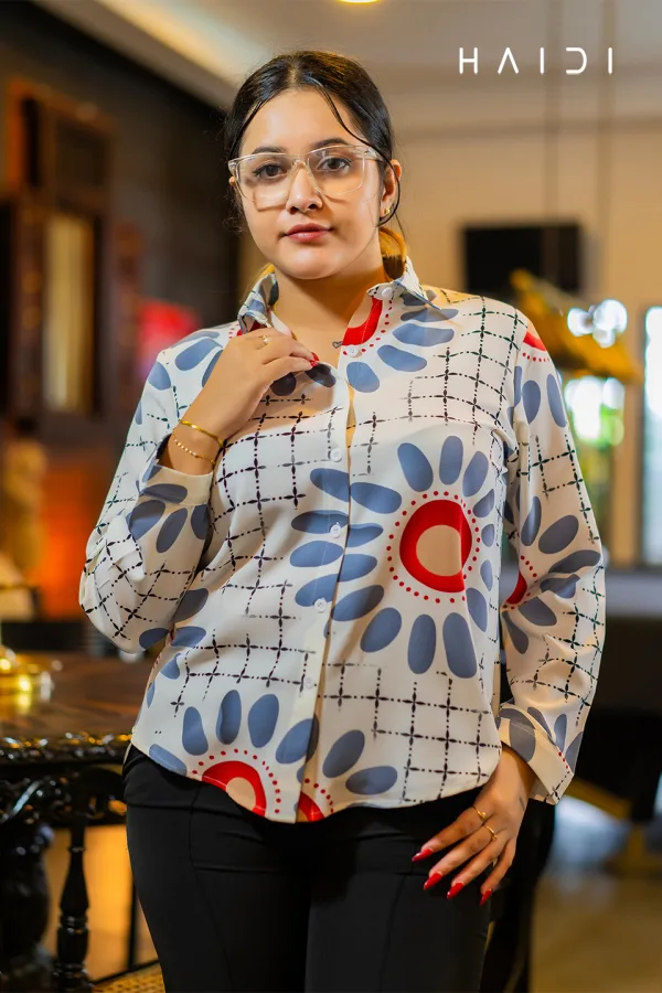 Long Sleeve Shirt Blouse - Geo Print - Ash Circular