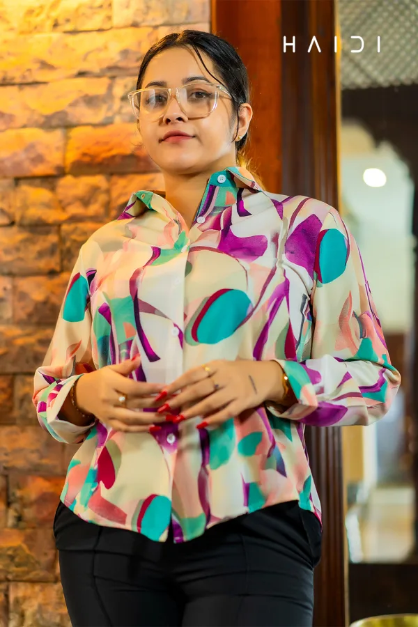 Long Sleeve Shirt Blouse - Geo Print - Purple and Green Geo