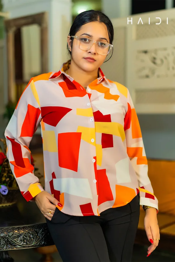 Long Sleeve Shirt Blouse - Geo Print - Square Red