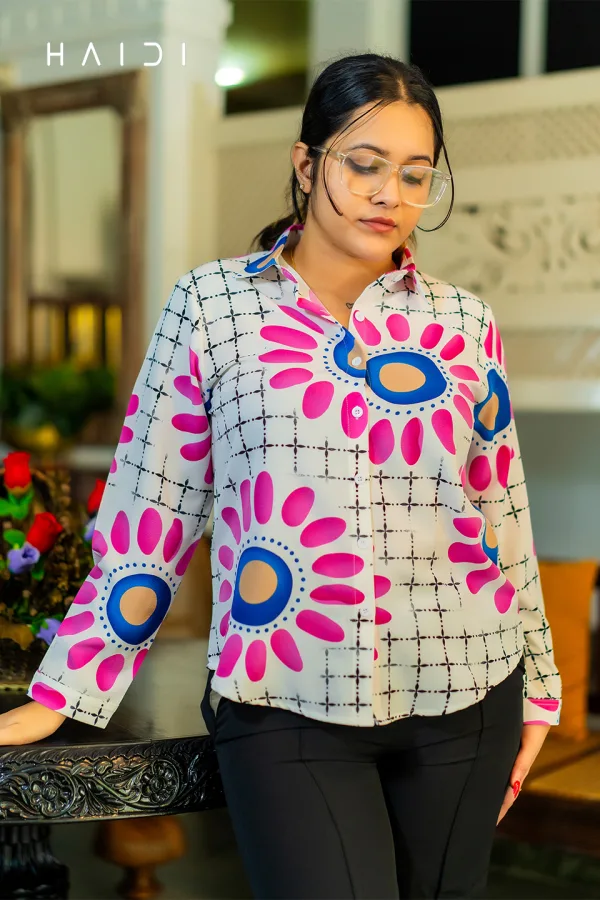Long Sleeve Shirt Blouse - Geo Print - Pink Circular