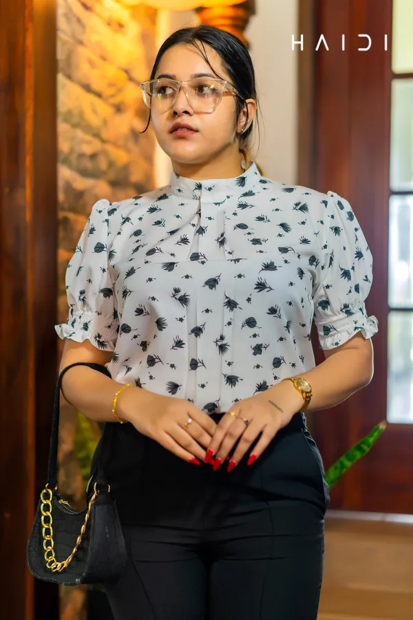 Office-Wear Ruching Sleeve High Neck Blouse – Floral Print - Black and White